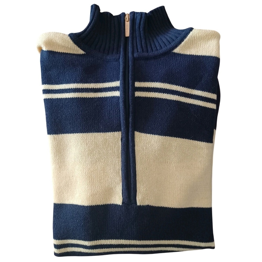 Liz & Co Womens Navy Cream Striped Quarter Zip Cotton‎ Sweater Large Mock Neck